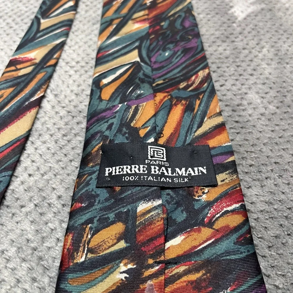 Pierre Balmain Paris Mens Silk Tie Abstract Painterly Print Teal Burgundy Gold